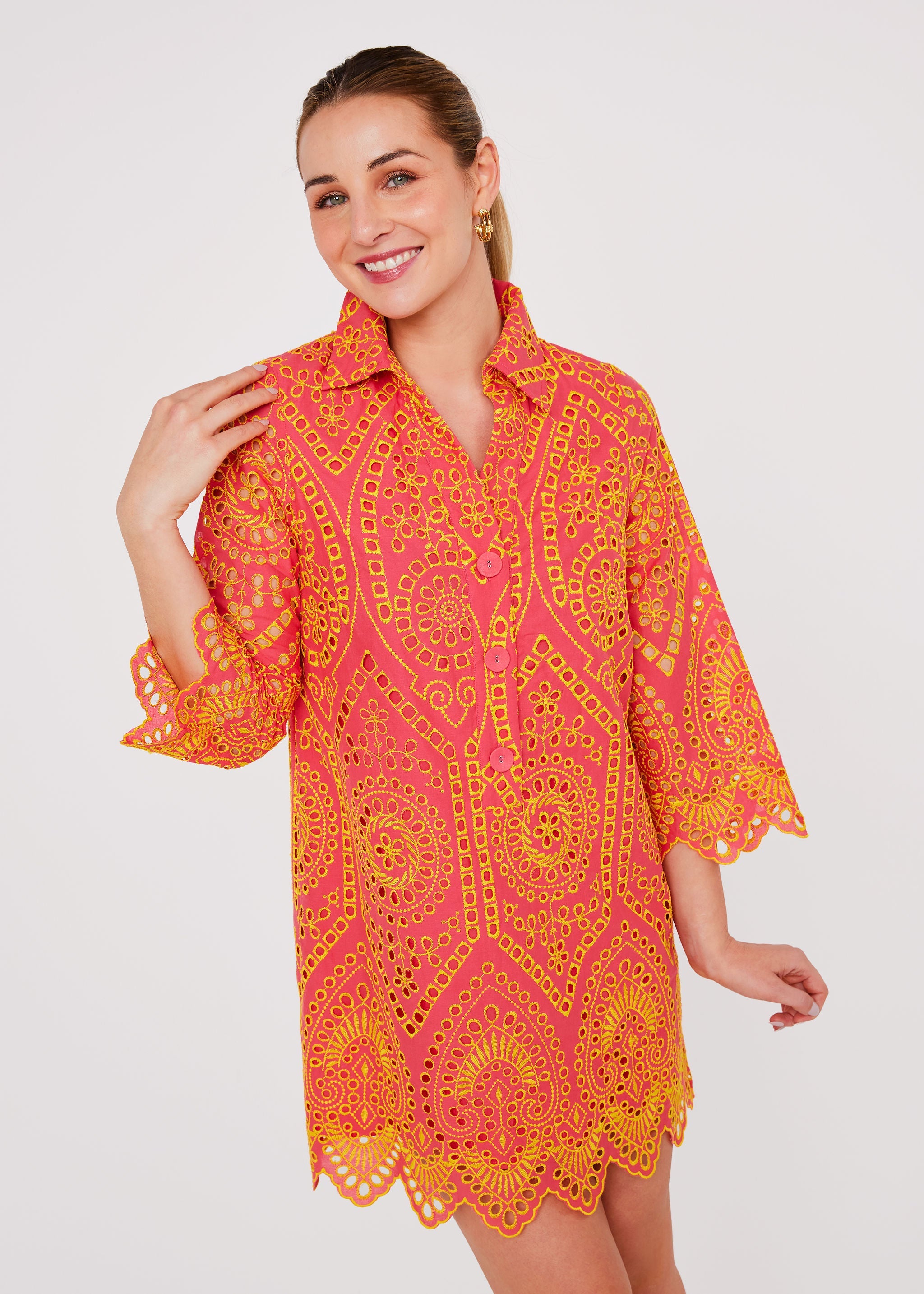 Piper Caftan Coral and Yellow Eyelet