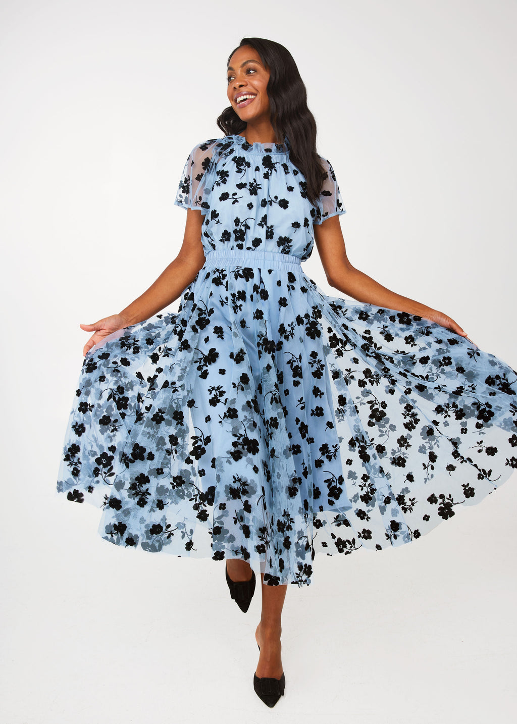 Quinn Blouse Blue Floral Velvet Tulle