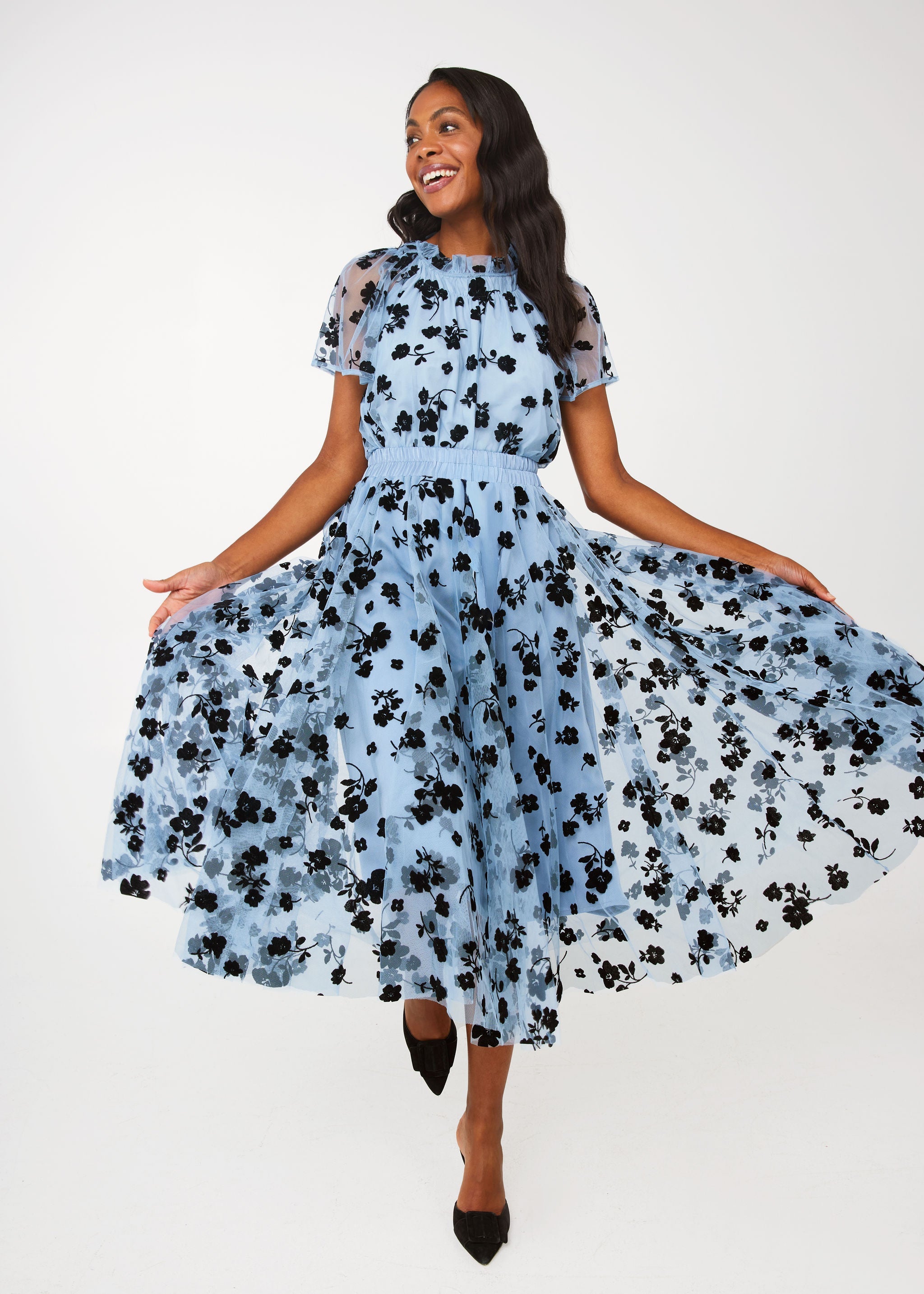 Quinn Blouse Blue Floral Velvet Tulle