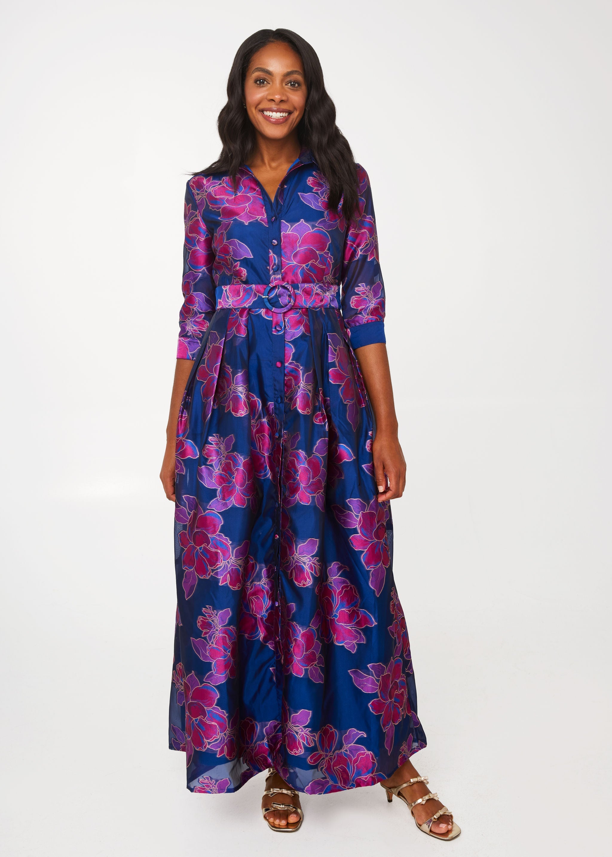 Cecilia Gown Fuchsia Navy Peony Organza