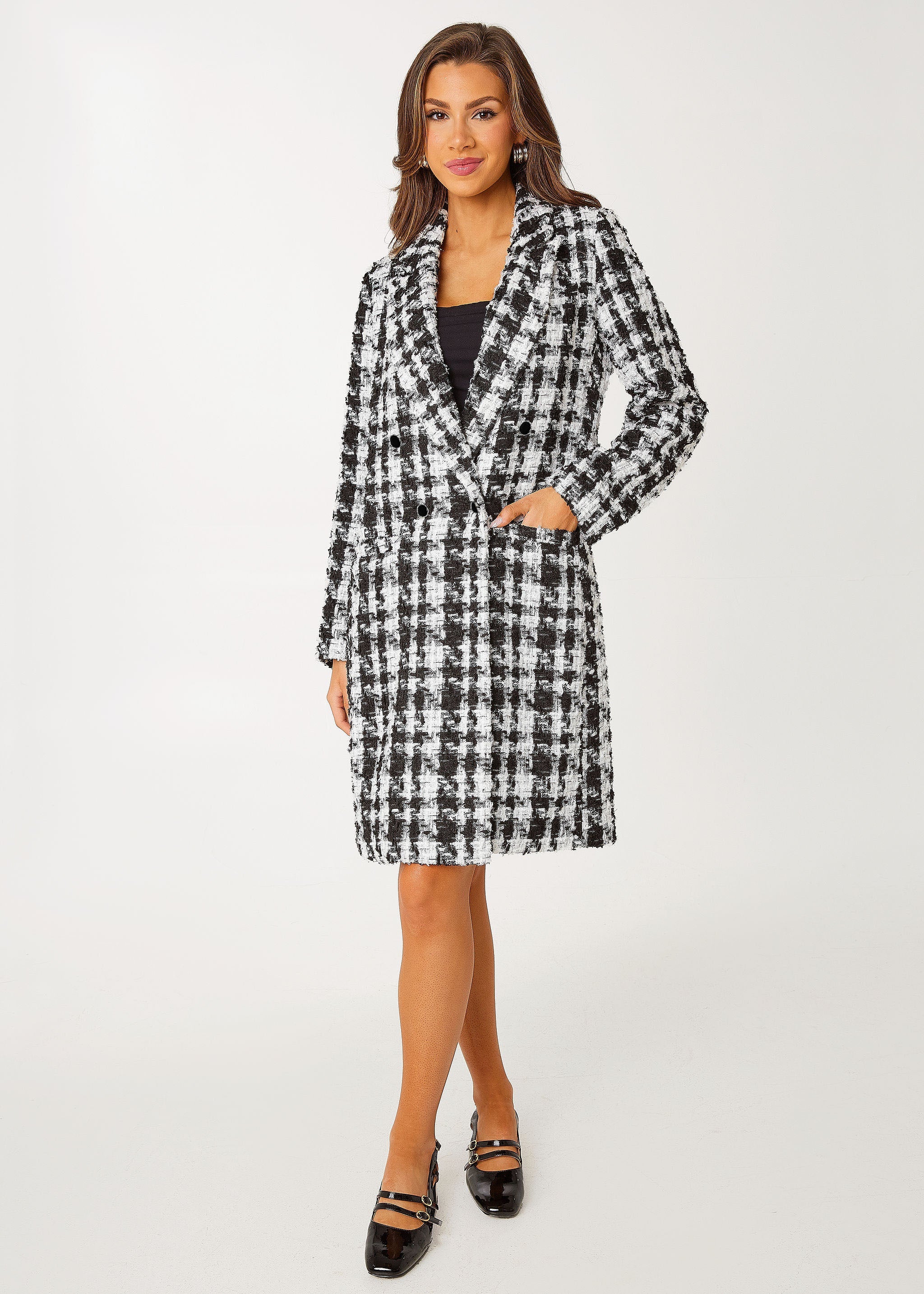 Abigail Coat Black and White Houndstooth Tinsel Tweed – Designers