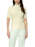 Tory Short Sleeved Rib-Knit Turtleneck, Beige Melange
