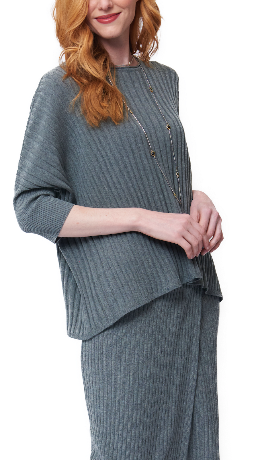 Erin Drop Shoulder 3/4 Sleeved Rib-Knit Top, Gray