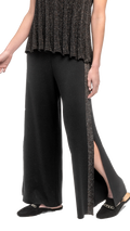 Tracey Wide Leg Milano-knit Pants with Shimmery Side Stripe and a Slit; Black/Black Shimmer