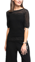 Bella Short Sleeved Top with See-Through Detail on Shoulders and Sleeves; Black/ Black Shimmer