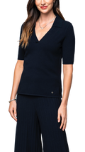 Kyla Piquet-Knit Short Sleeved Polo Top, Dark Navy