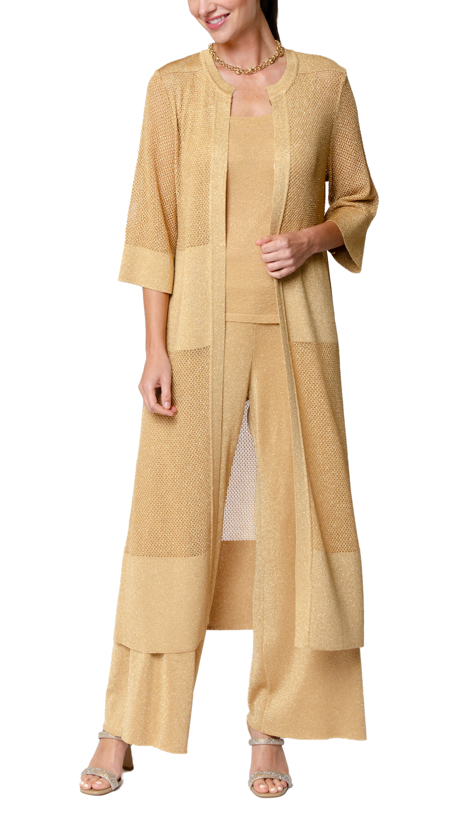 Arianna Shimmery Mesh-Knit Duster / Coat ; Golden Sands