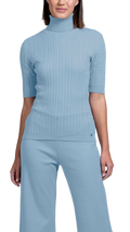 Sherri Short Sleeved Cable-Knit Turtleneck, Sky Blue