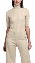 Sherri Short Sleeved Cable-Knit Turtleneck, Beige Melange