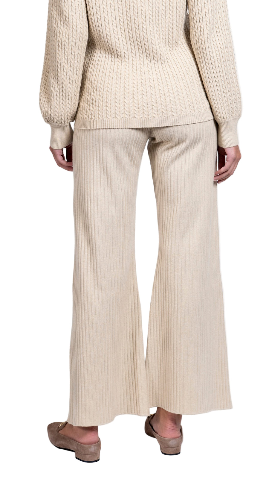 Camilla Rib-Knit Wide Leg Pants; Beige Melange