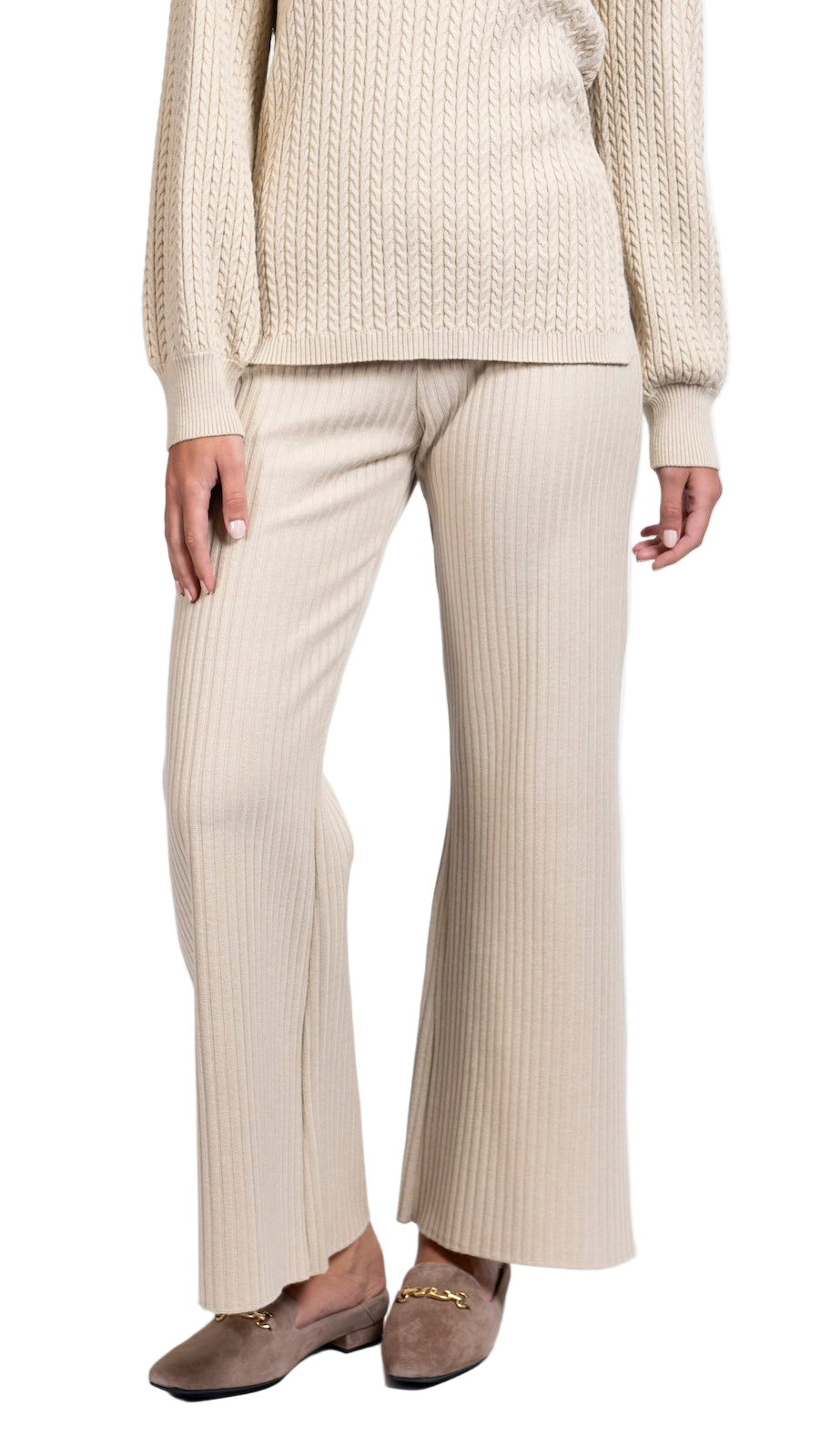 Camilla Rib-Knit Wide Leg Pants; Beige Melange