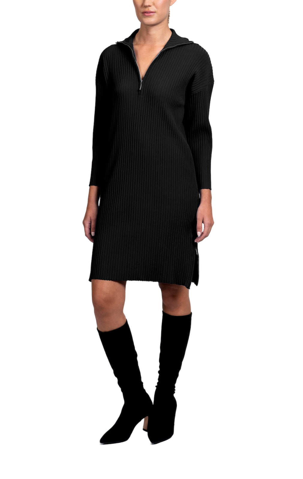 Sandy Vertical Rib-Knit Zip Up Mock Neck Sweater Dress; Black