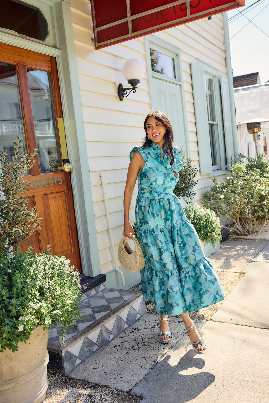 Sleeveless Sadie Maxi Dress Aqua Floral Silhouette Jacquard