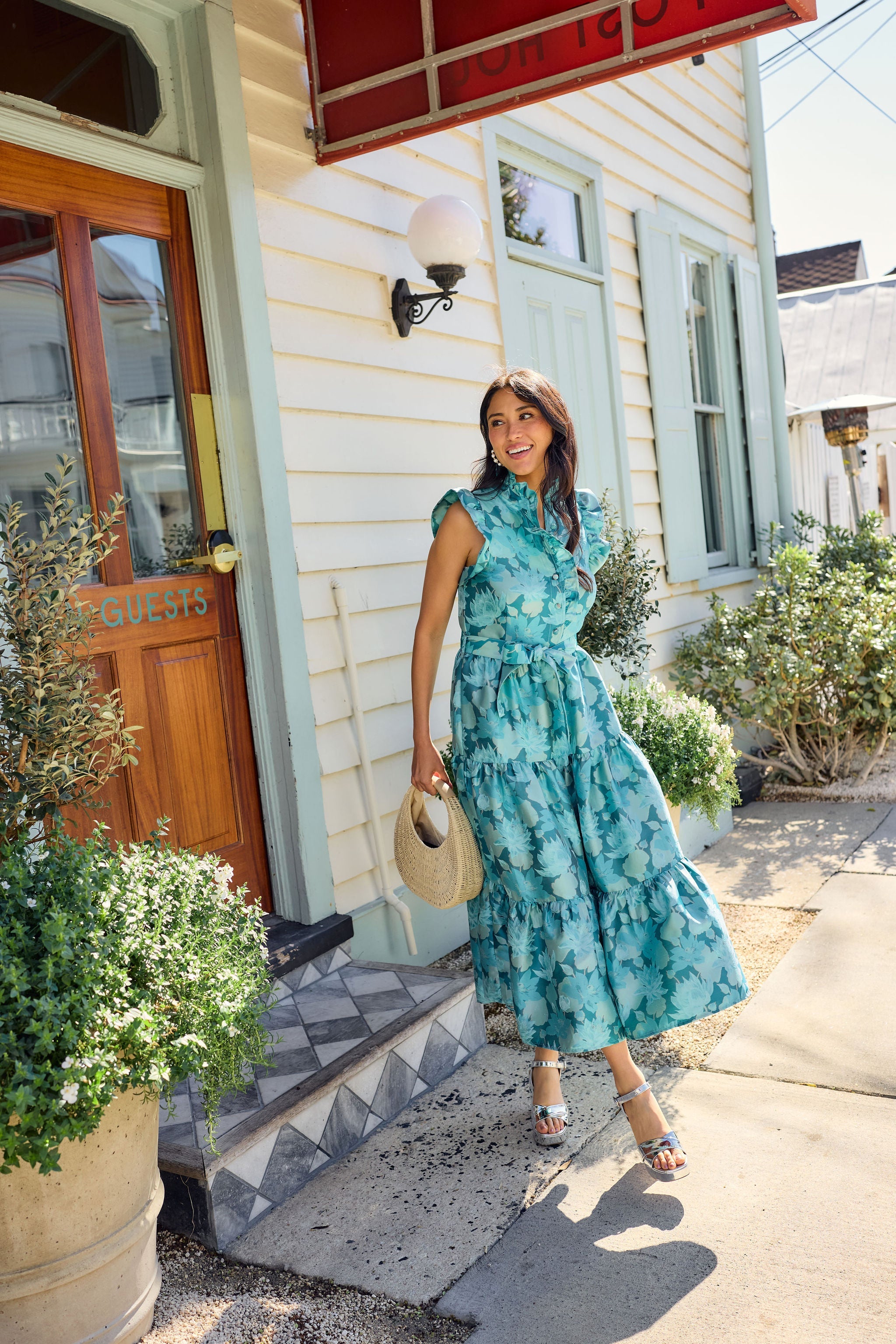 Sleeveless Sadie Maxi Dress Aqua Floral Silhouette Jacquard