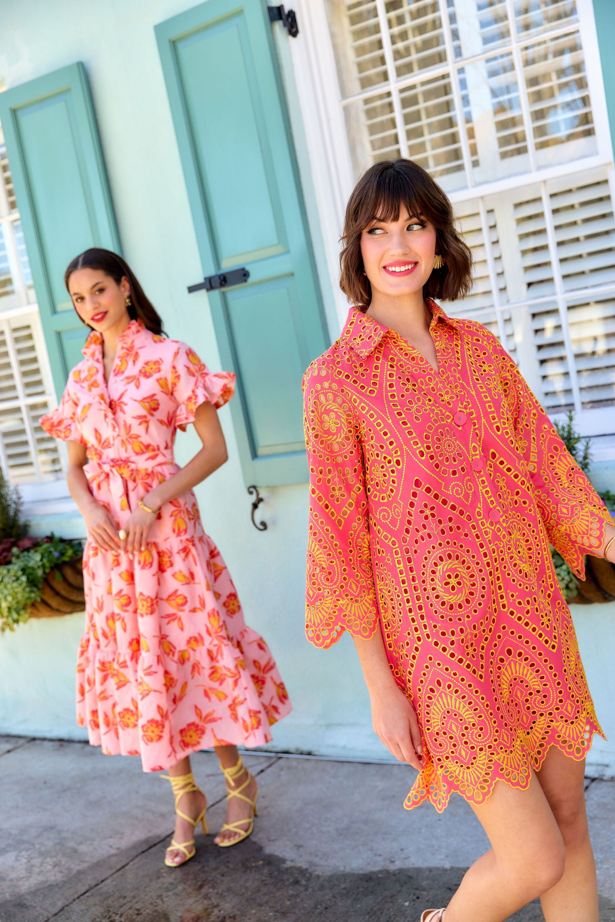 Piper Caftan Coral and Yellow Eyelet