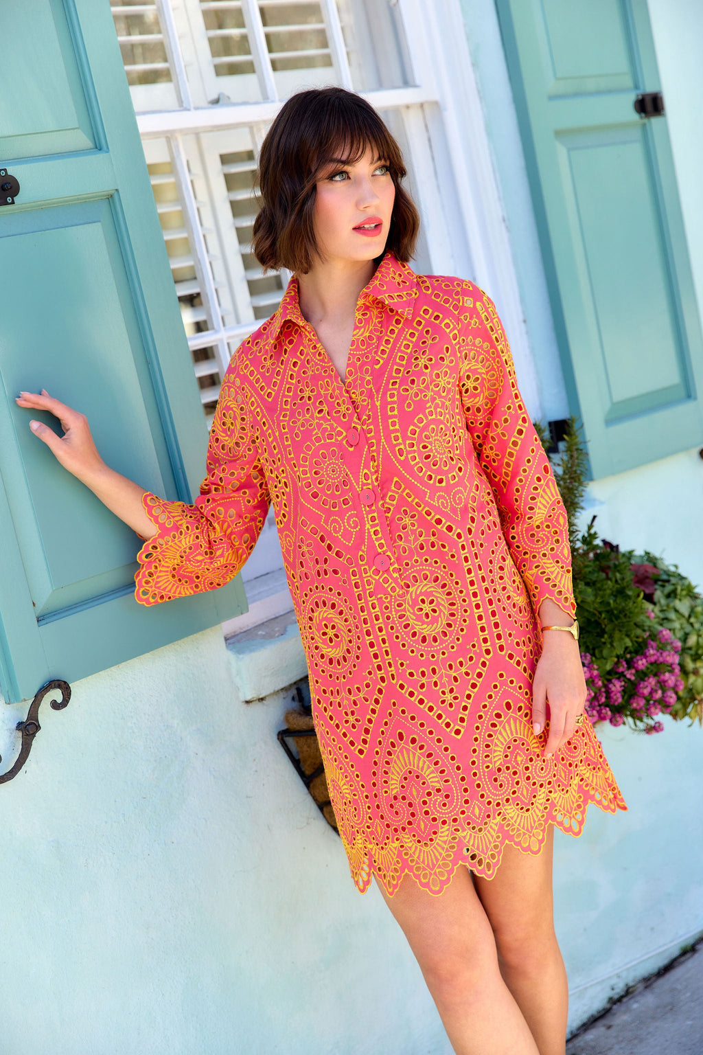 Piper Caftan Coral and Yellow Eyelet