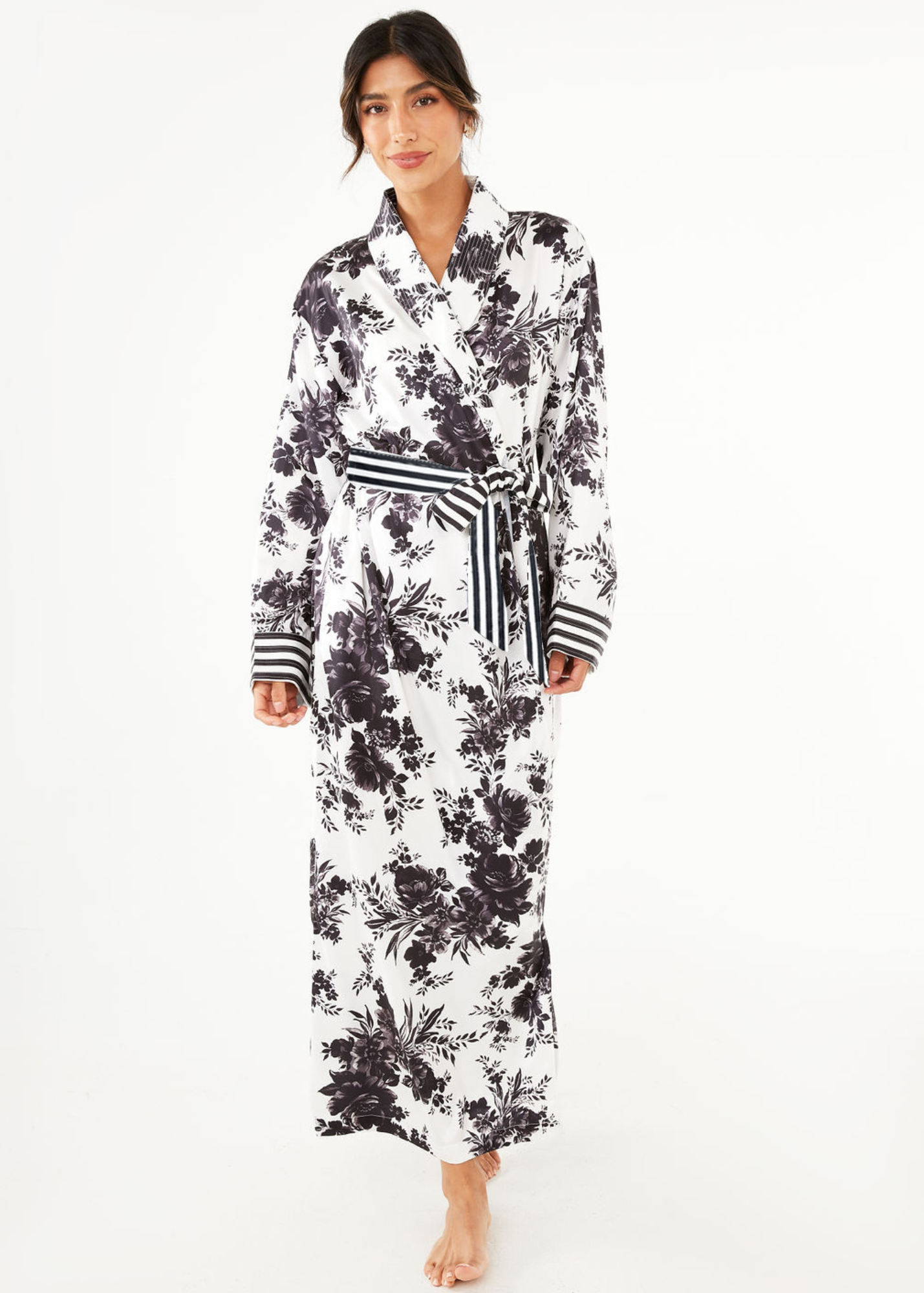Bridget Robe Black and White Rose Chintz Satin