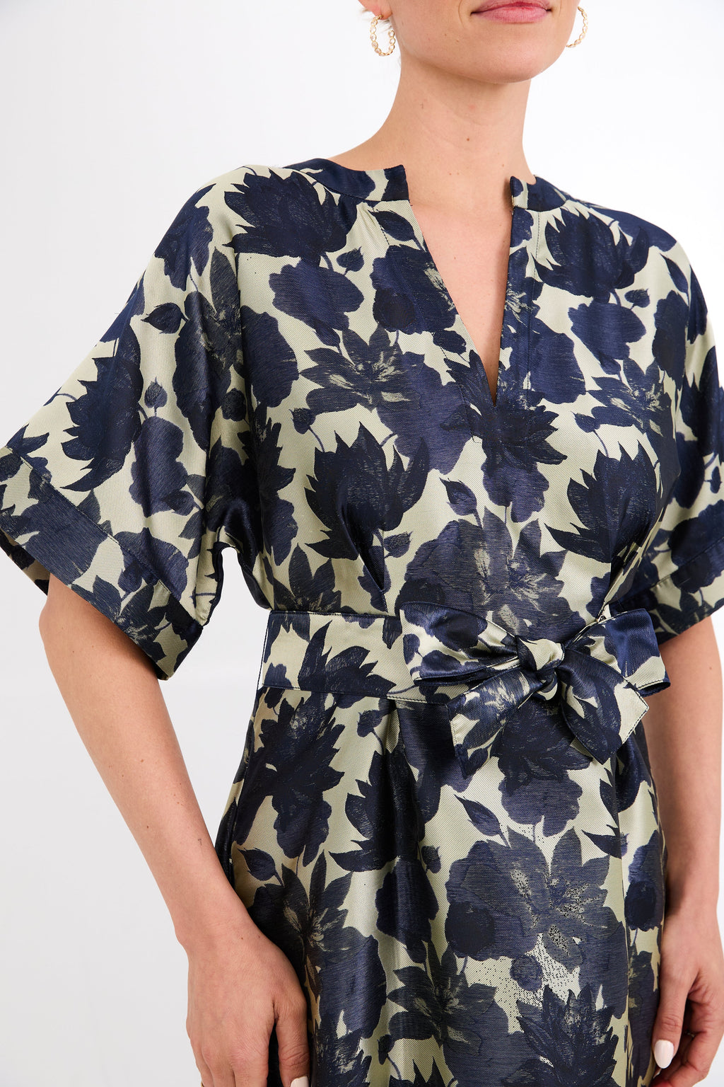 Evelyn Dress Ivory and Navy Floral Silhouette Jacquard