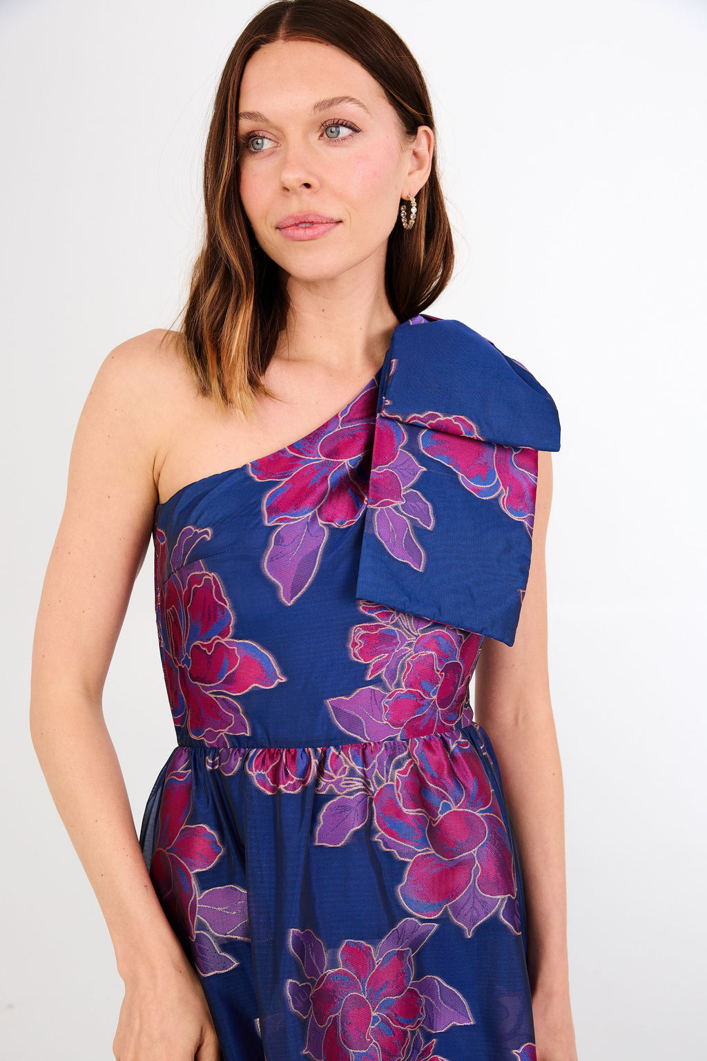 Caroline Gown Fuchsia Navy Peony Organza