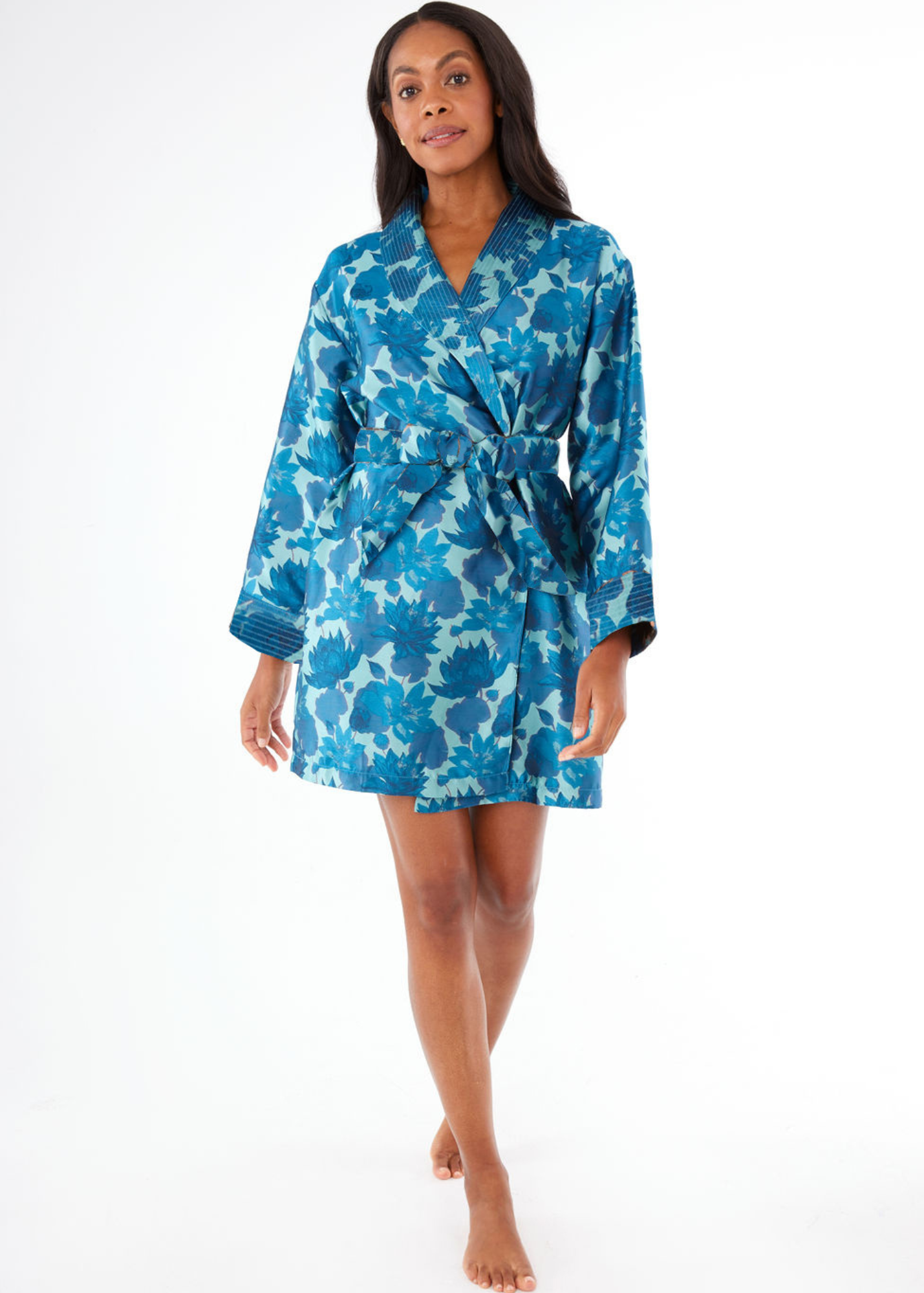 Bridget Robe Short Blue Floral Silhouette Jacquard