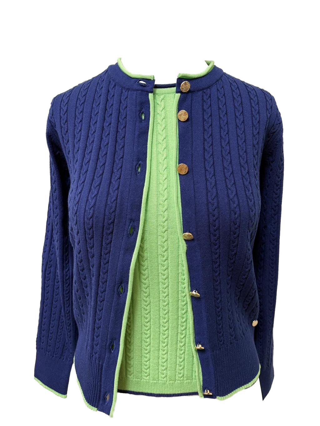 Kristin Cable-Knit Cardigan, Navy / Lime