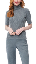 Lea Short Sleeved Cable-Knit Turtleneck, Gray