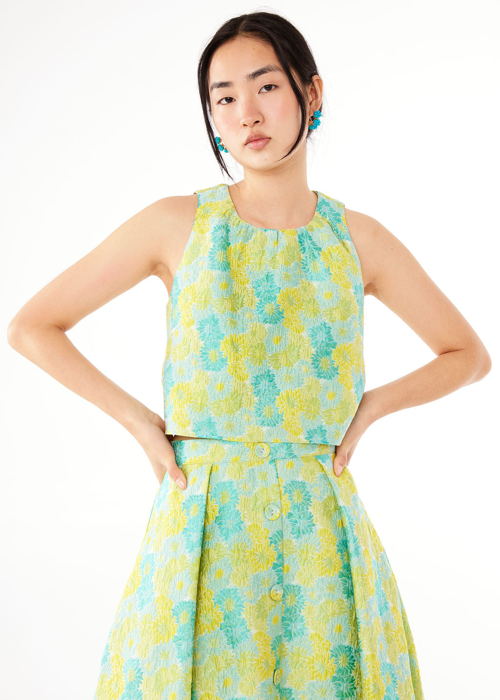 Ava Top Green Sunflower Jacquard