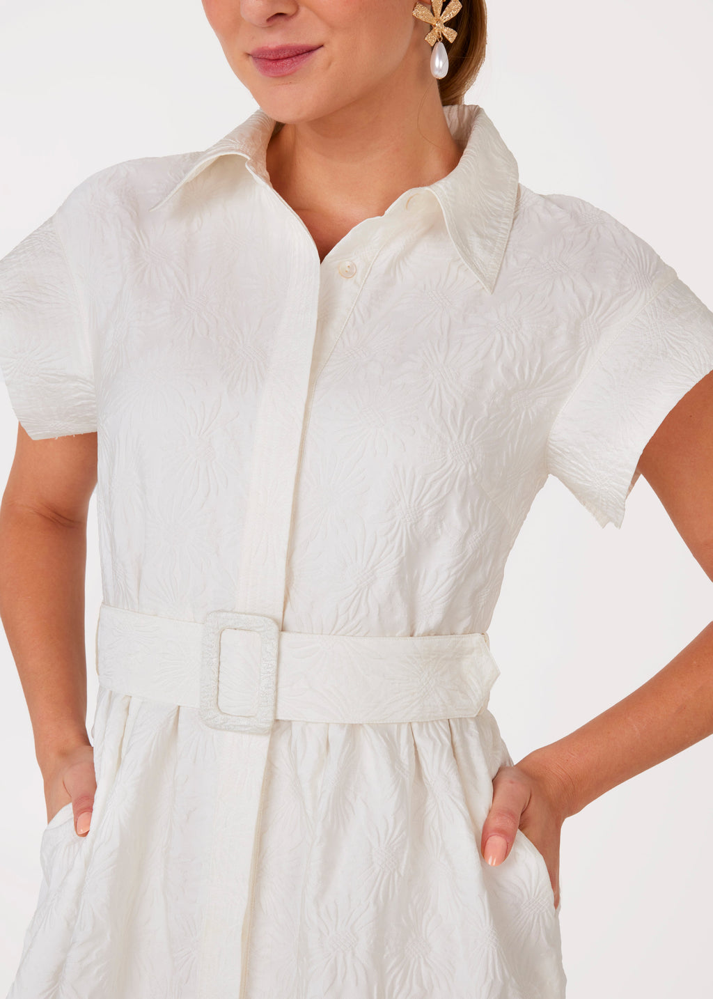 Harper Dress White Embossed Sunflower Jacquard