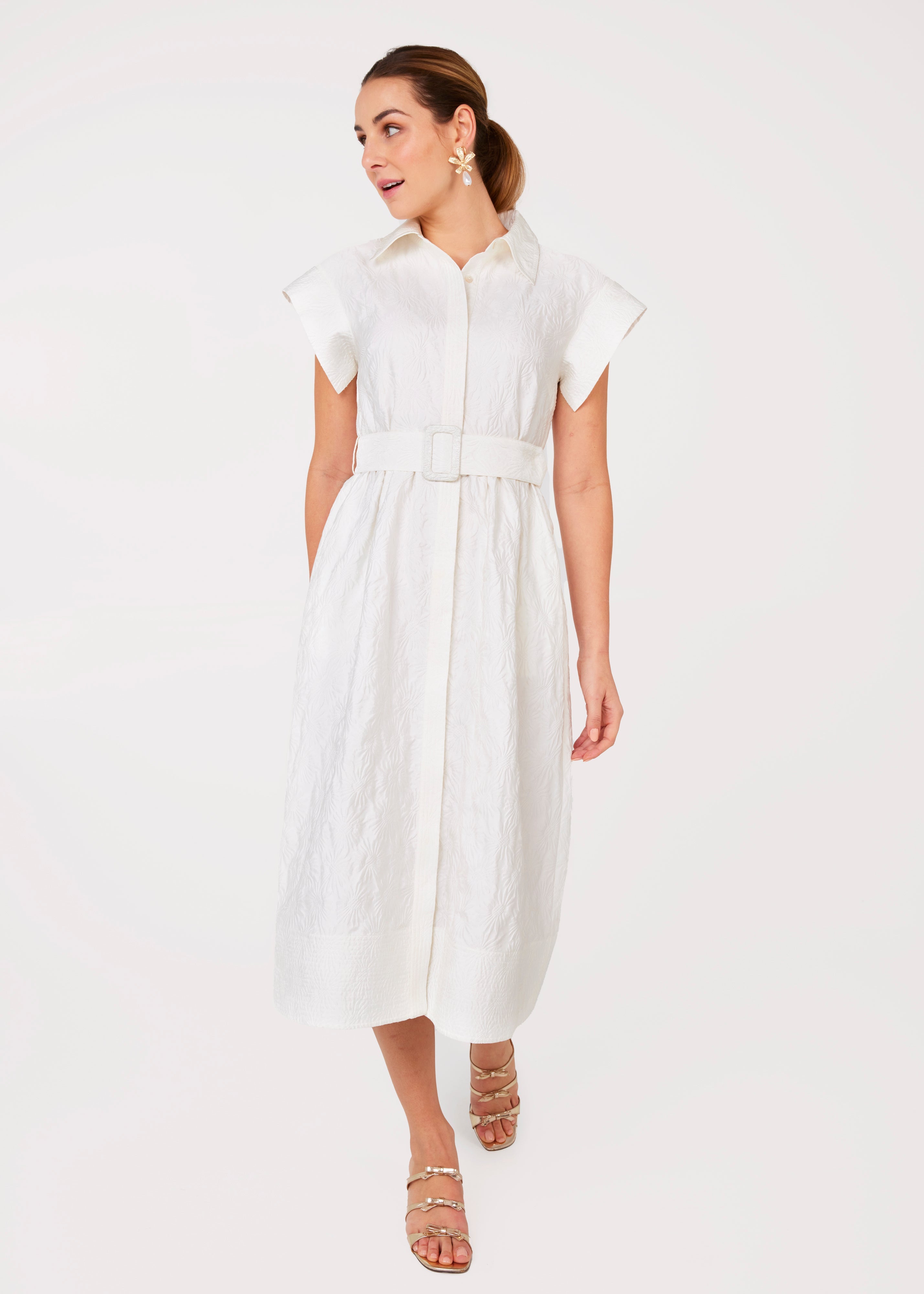 Harper Dress White Embossed Sunflower Jacquard