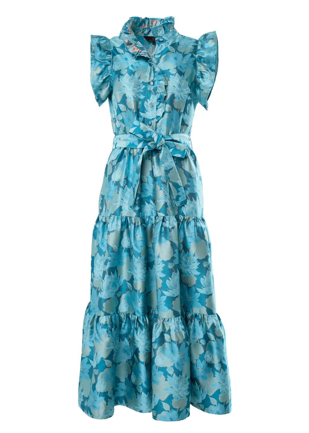 Sleeveless Sadie Maxi Dress Aqua Floral Silhouette Jacquard