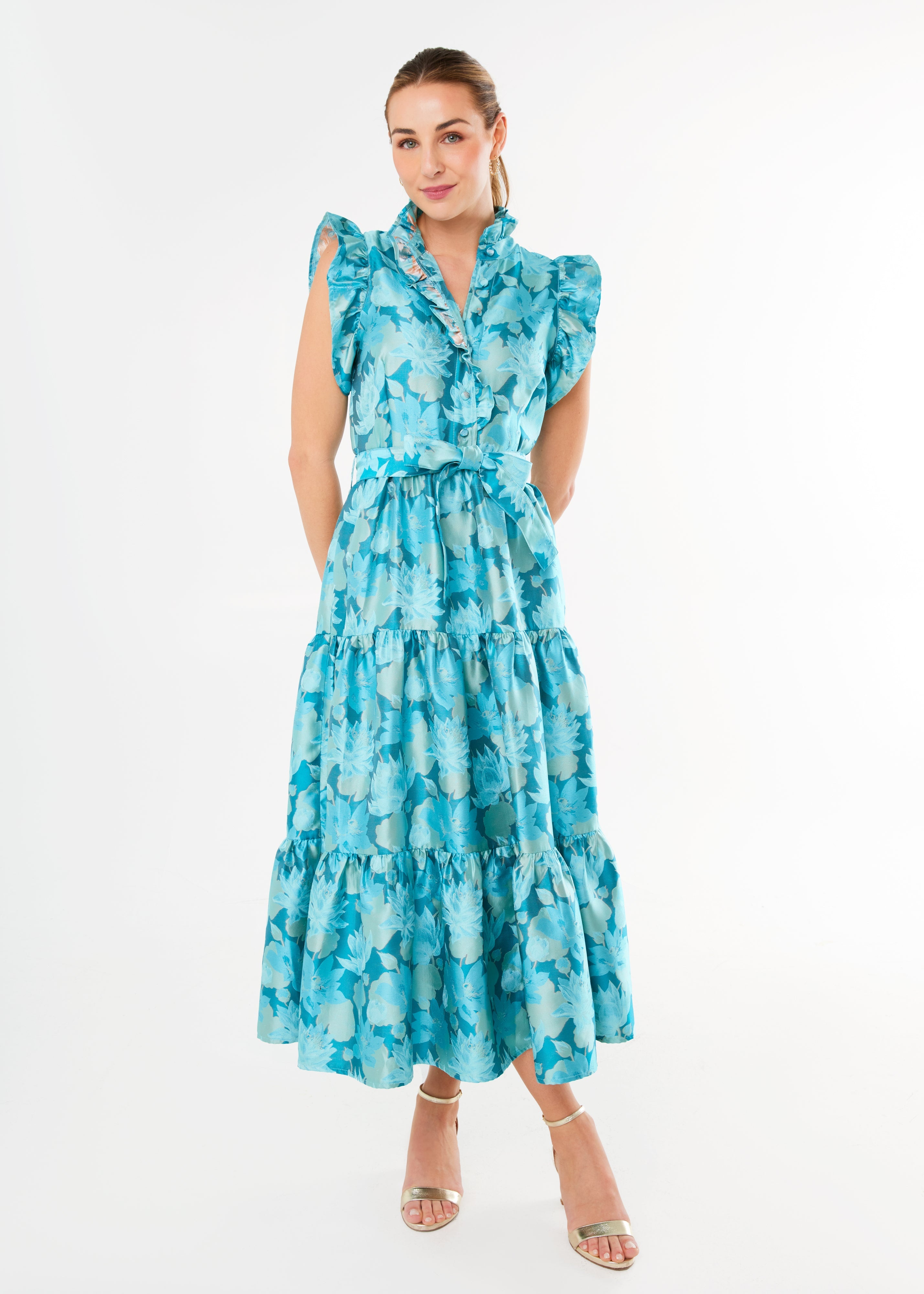 Sleeveless Sadie Maxi Dress Aqua Floral Silhouette Jacquard