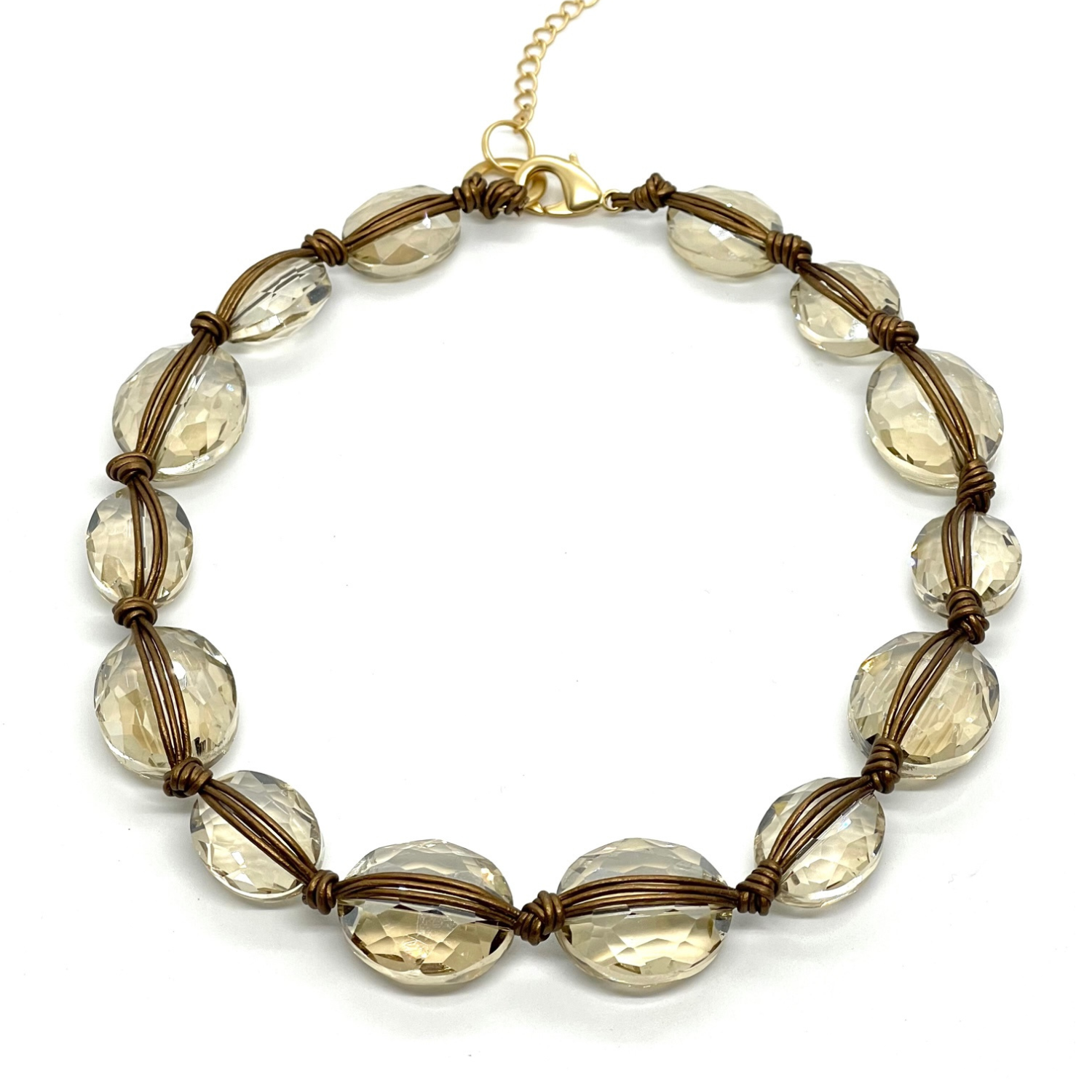 Champagne Crystal Necklace on Bronze Leather