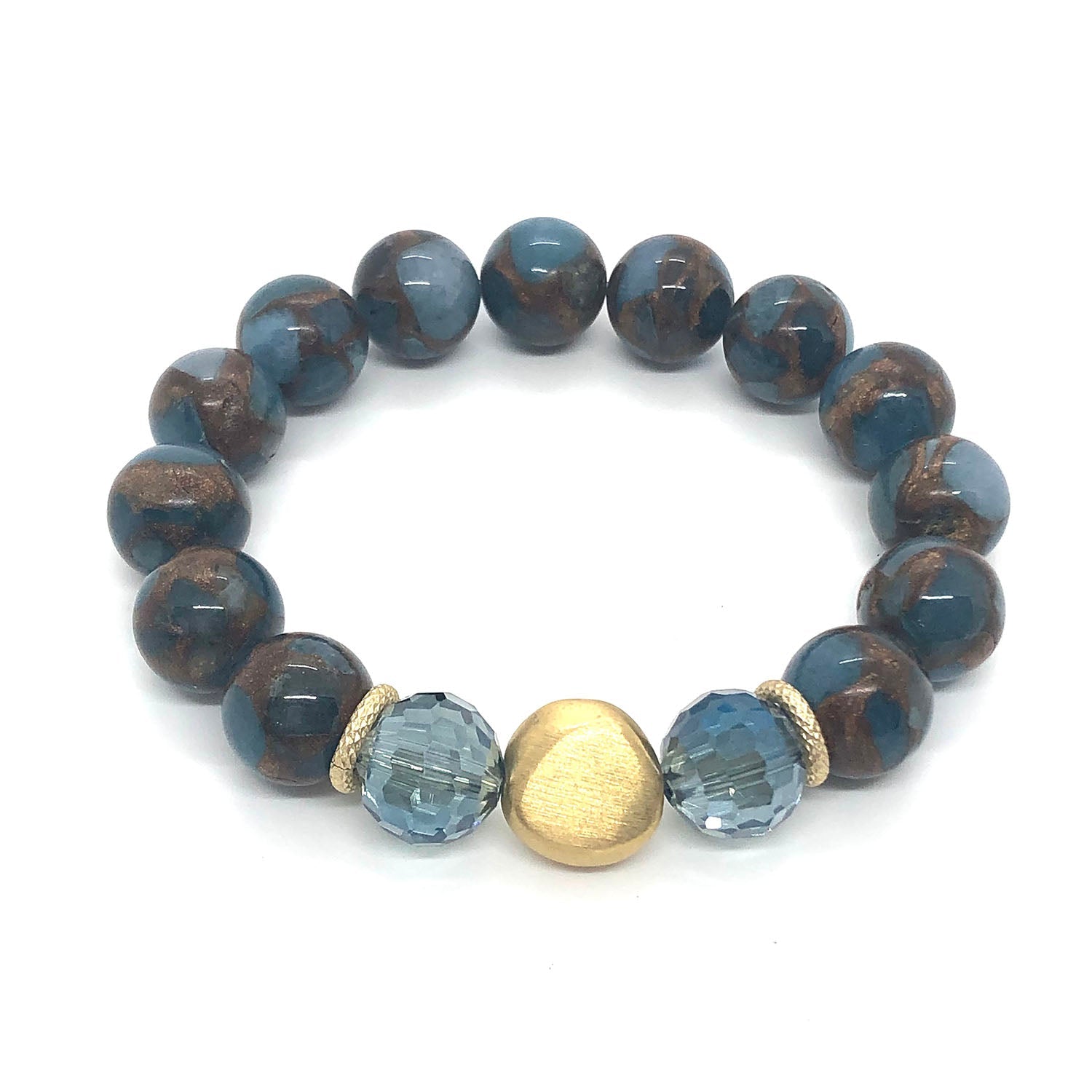 Teal Composite Quartz With Labradorite Color Crystal Flat Matte Gold Nugget Stretch Bracelet