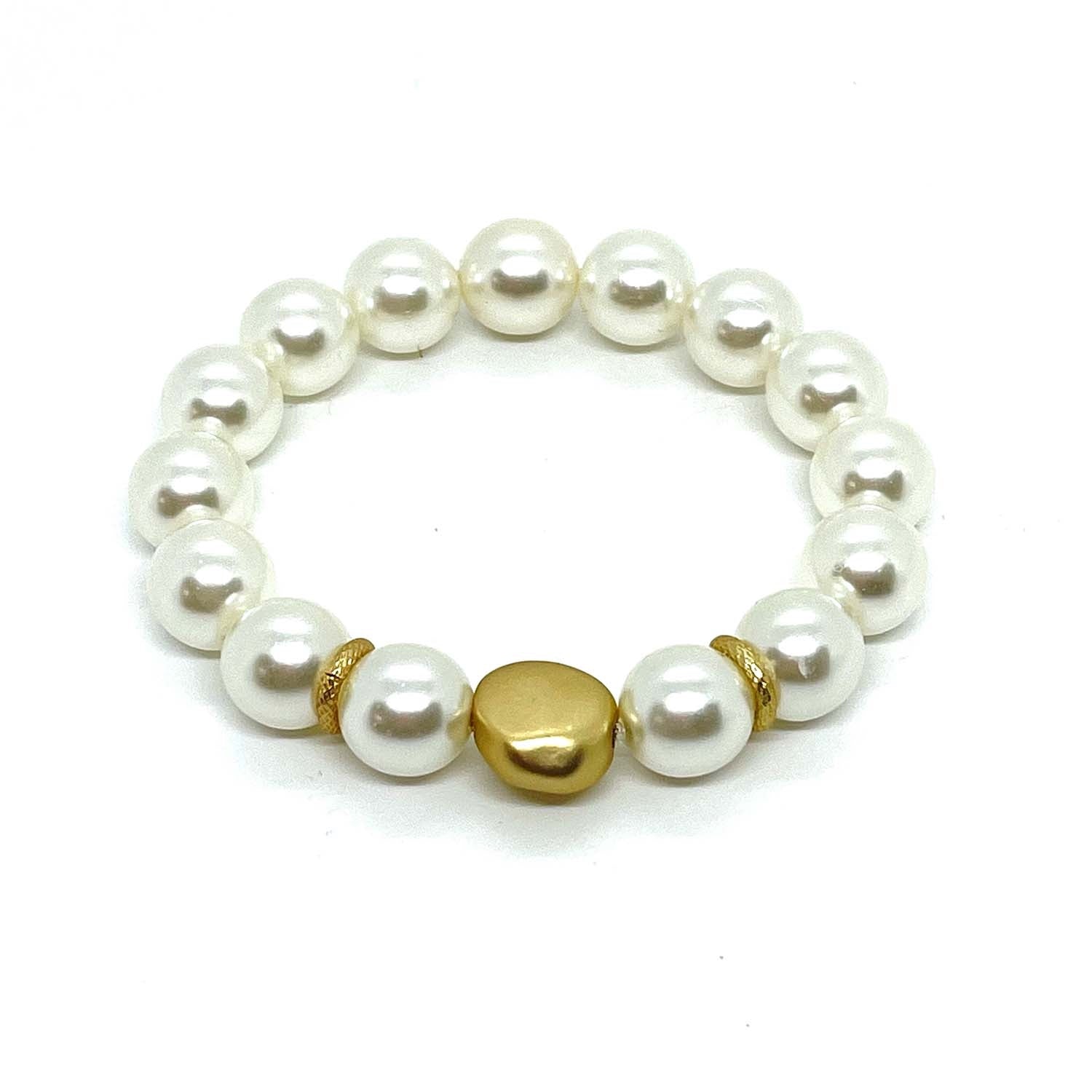White Glass Pearl Matte Gold Nugget Stretch Bracelet