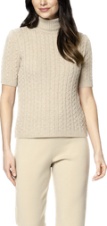 Lea Short Sleeved Cable-Knit Turtleneck, Beige