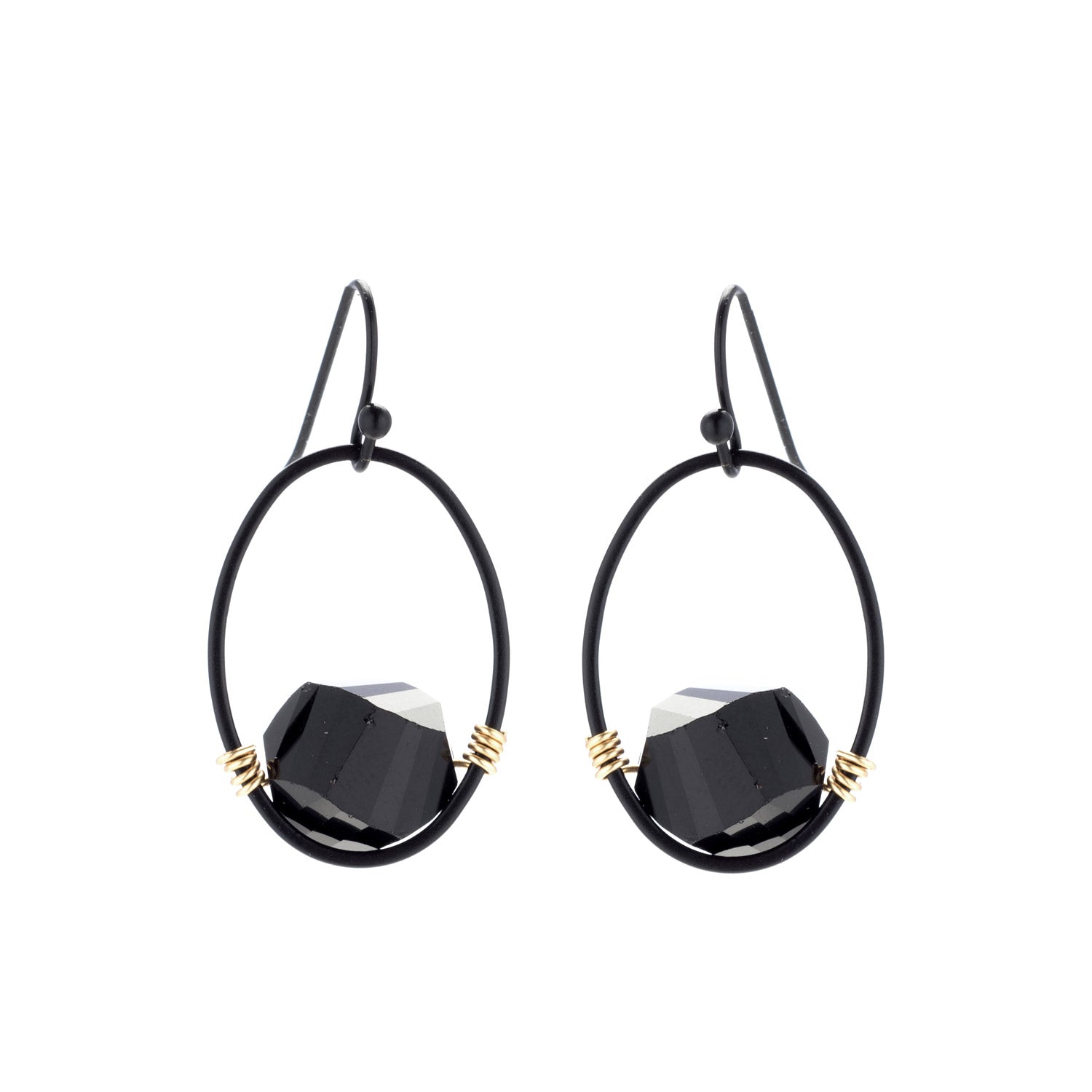 Black Faceted Crystal And Matte Black Oval Earrings