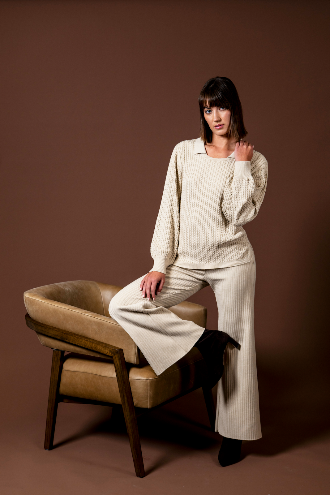 Camilla Rib-Knit Wide Leg Pants; Beige Melange