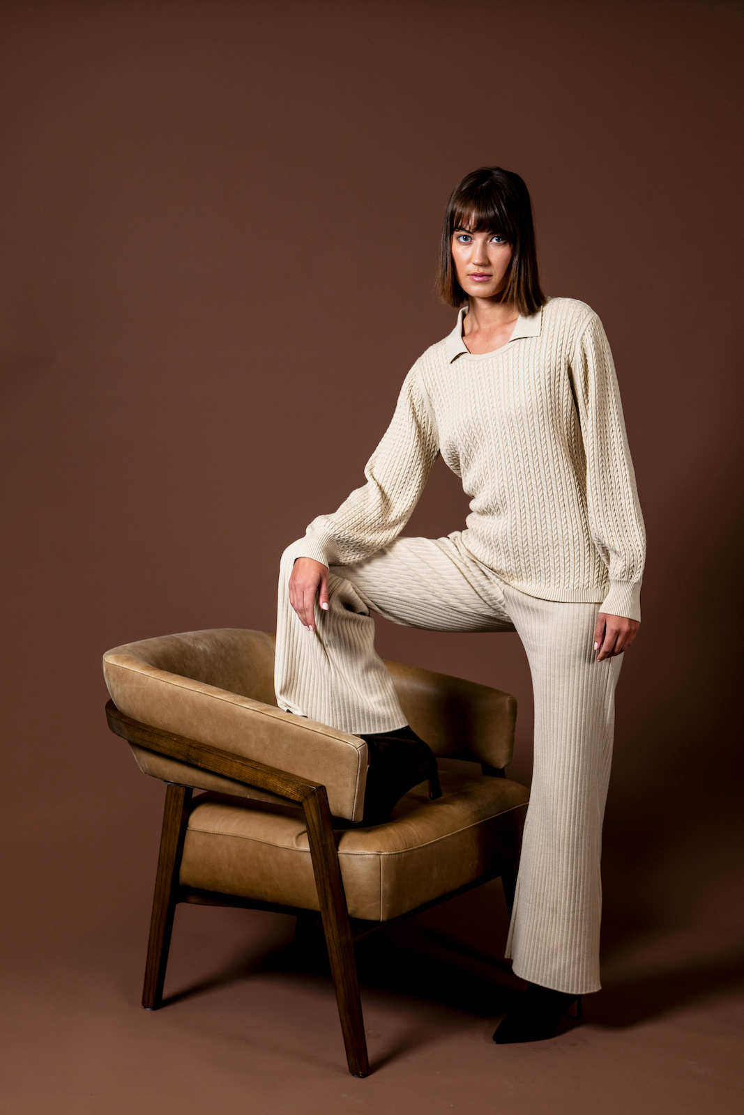 Hope Long Sleeved Crew-Neck Cable-Knit Top, Beige Melange