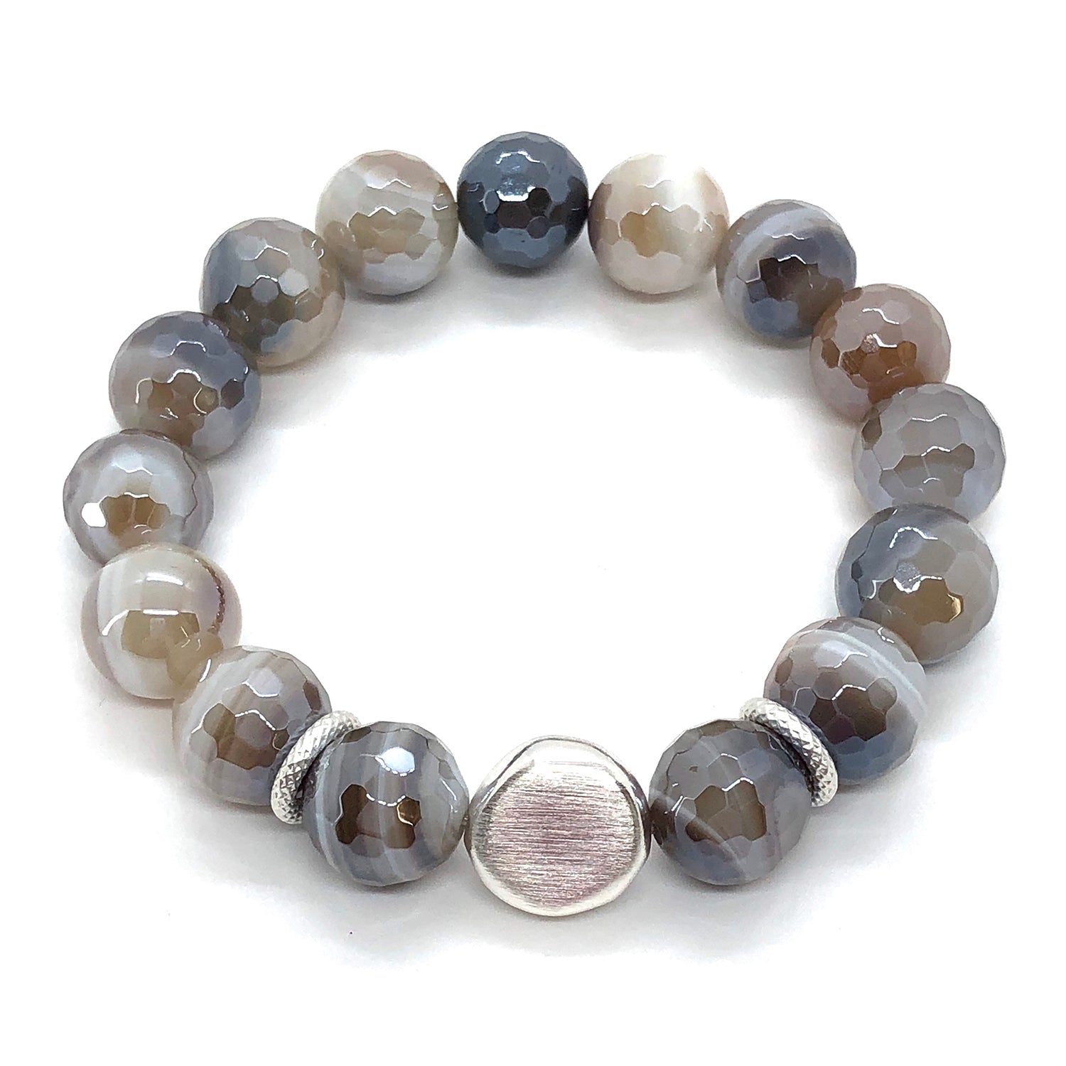 Mocha Glazed Agate With Matte Silver Bead Stretch Bracelet