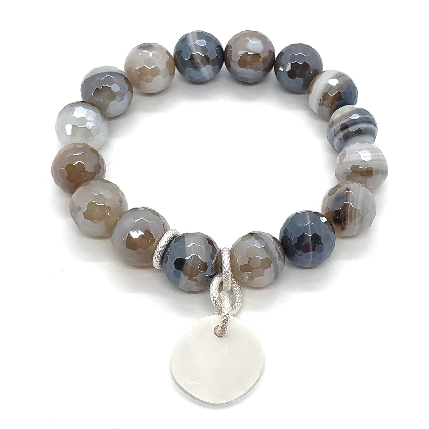 Mocha Glazed Agate With Matte Silver Charm Stretch Bracelet