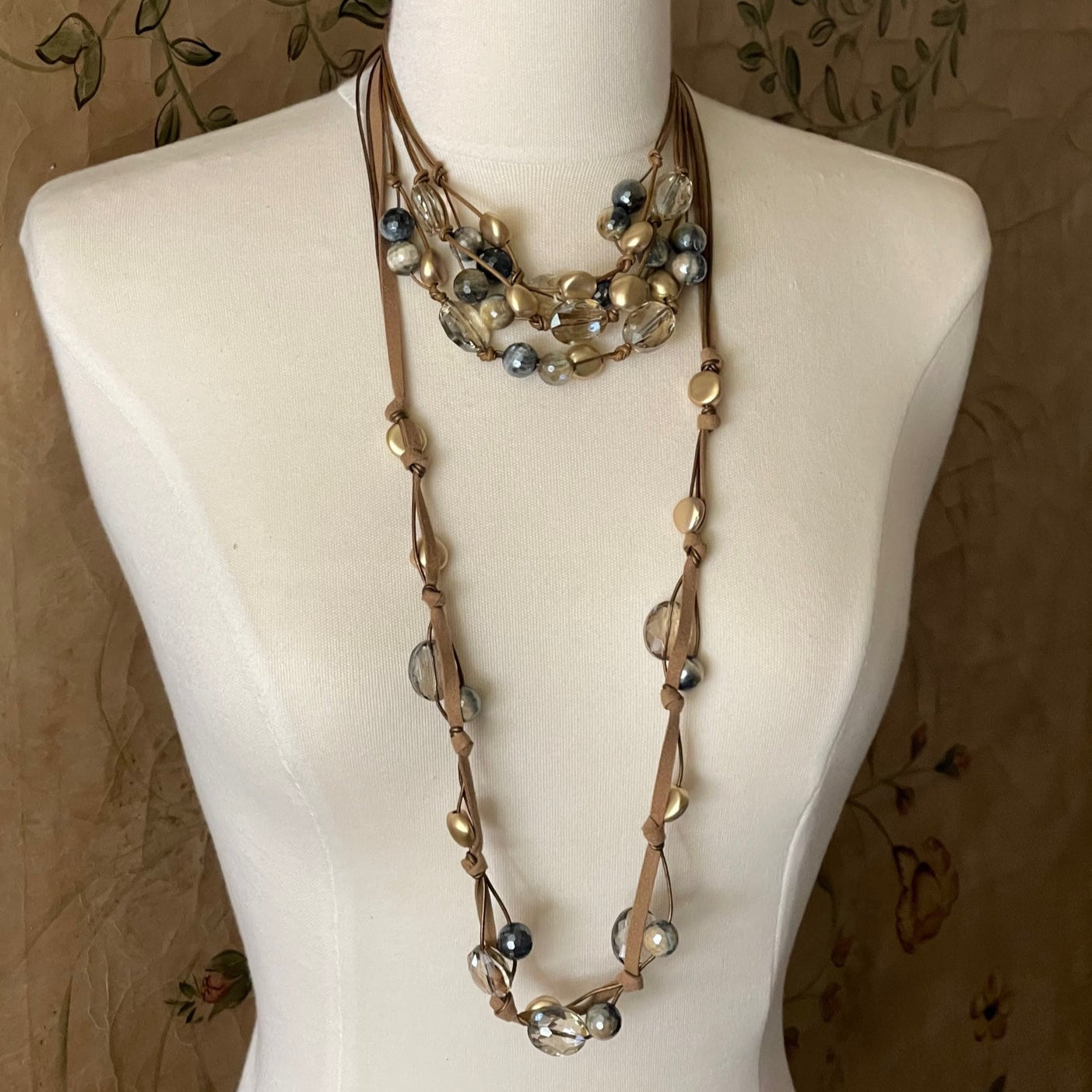 Blue Cream Tigers Eye And Champagne Crystal Torsade Necklace