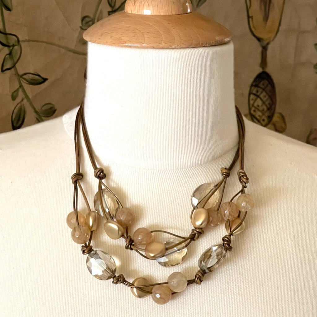 Citrine Quartz, Champagne Crystal And Gold Bead Accent Two Strand Necklace