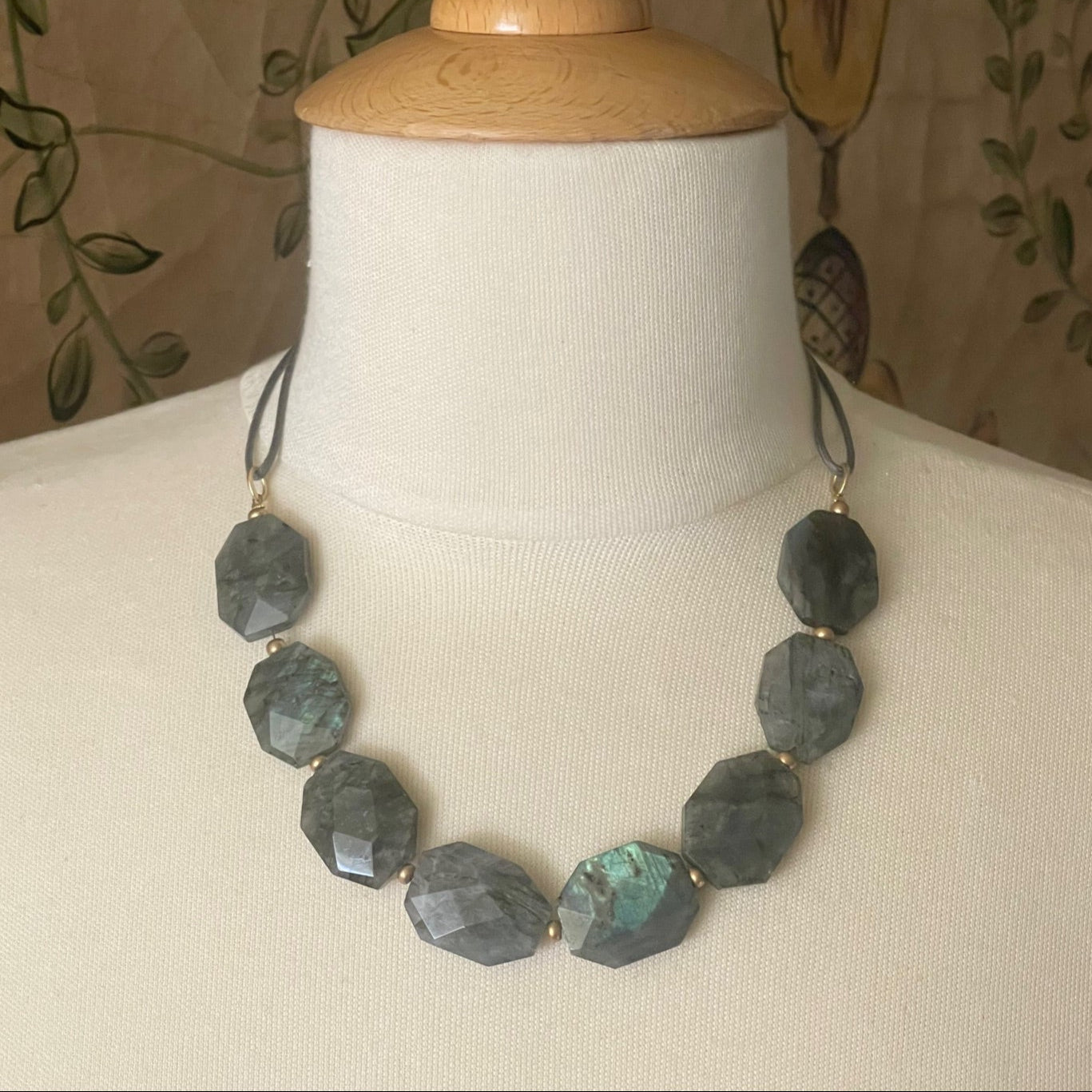 Natural Labradorite on Grey Linen Necklace