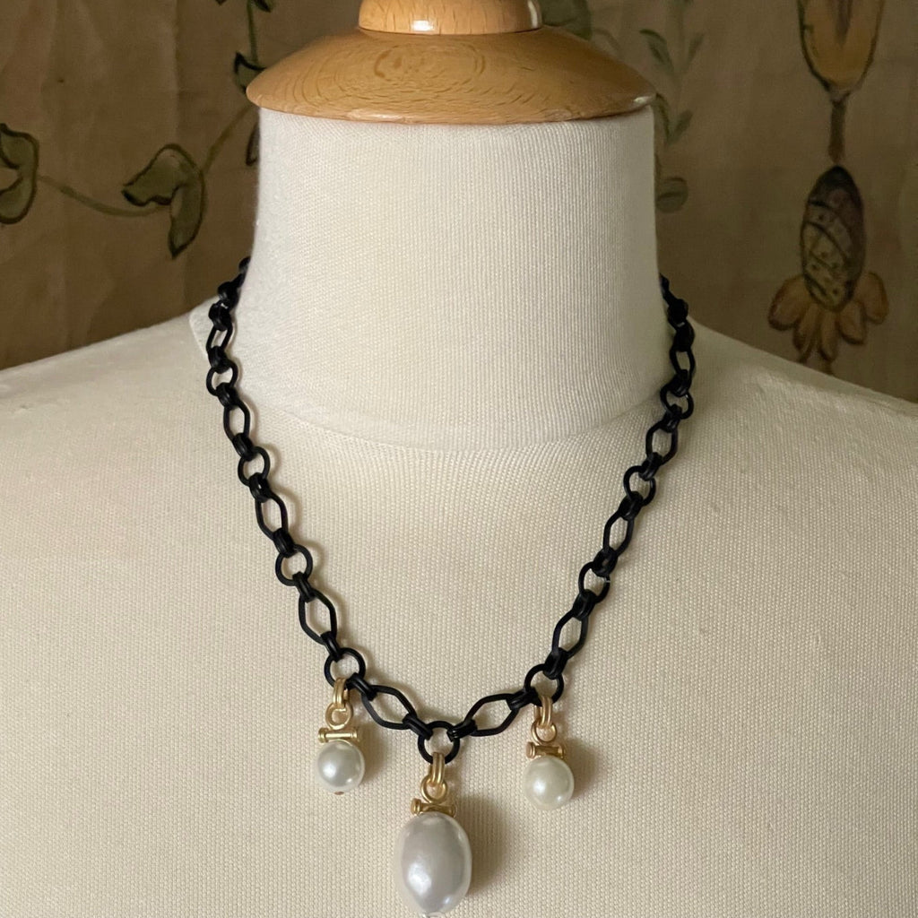 Three Pearl Charm Necklace on Black Chain