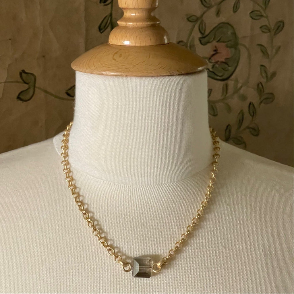 Square Light Smoke Crystal On Matte Gold Chain Necklace