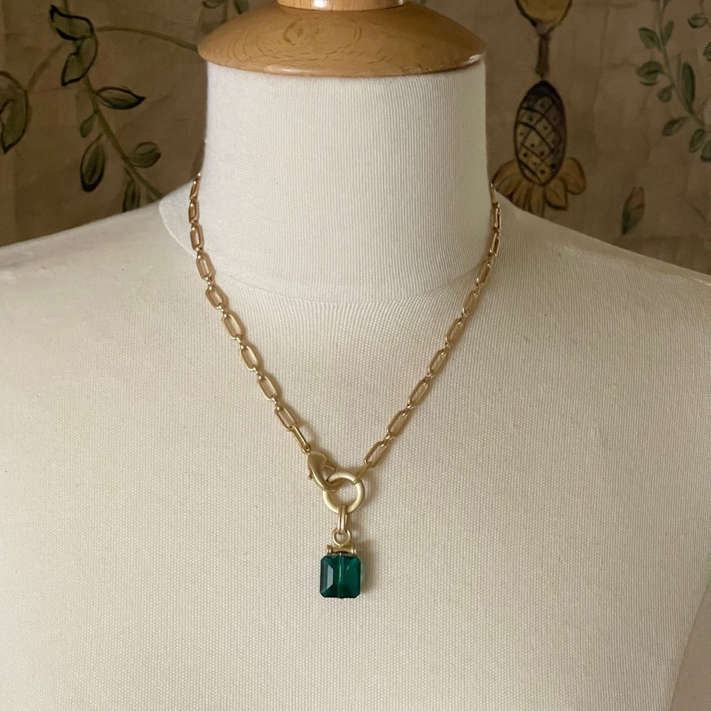 Square Emerald Green Crystal Front Closure Necklace On Matte Gold Chain