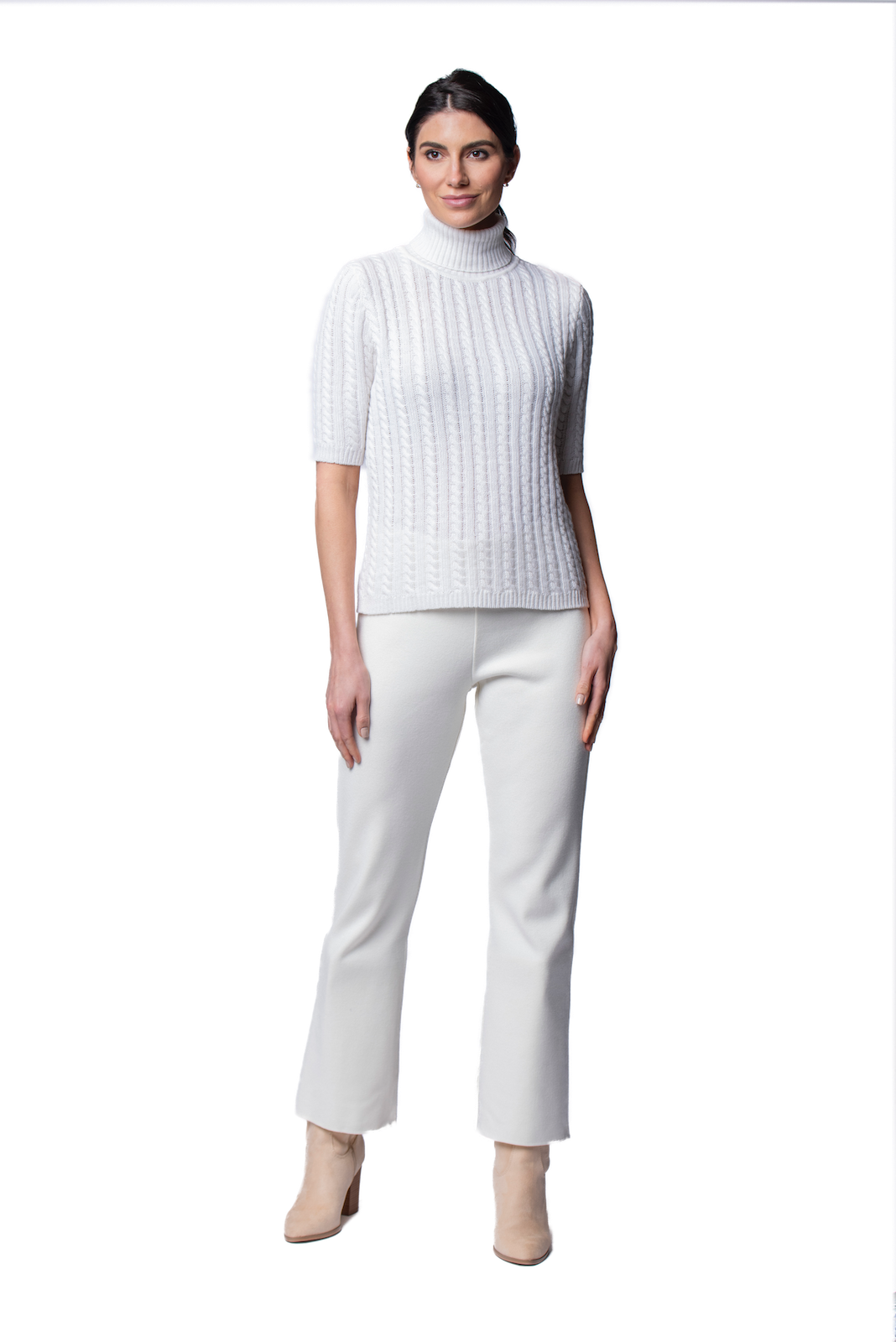 Lilly Short Sleeved Cable-Knit Turtleneck, Snow White