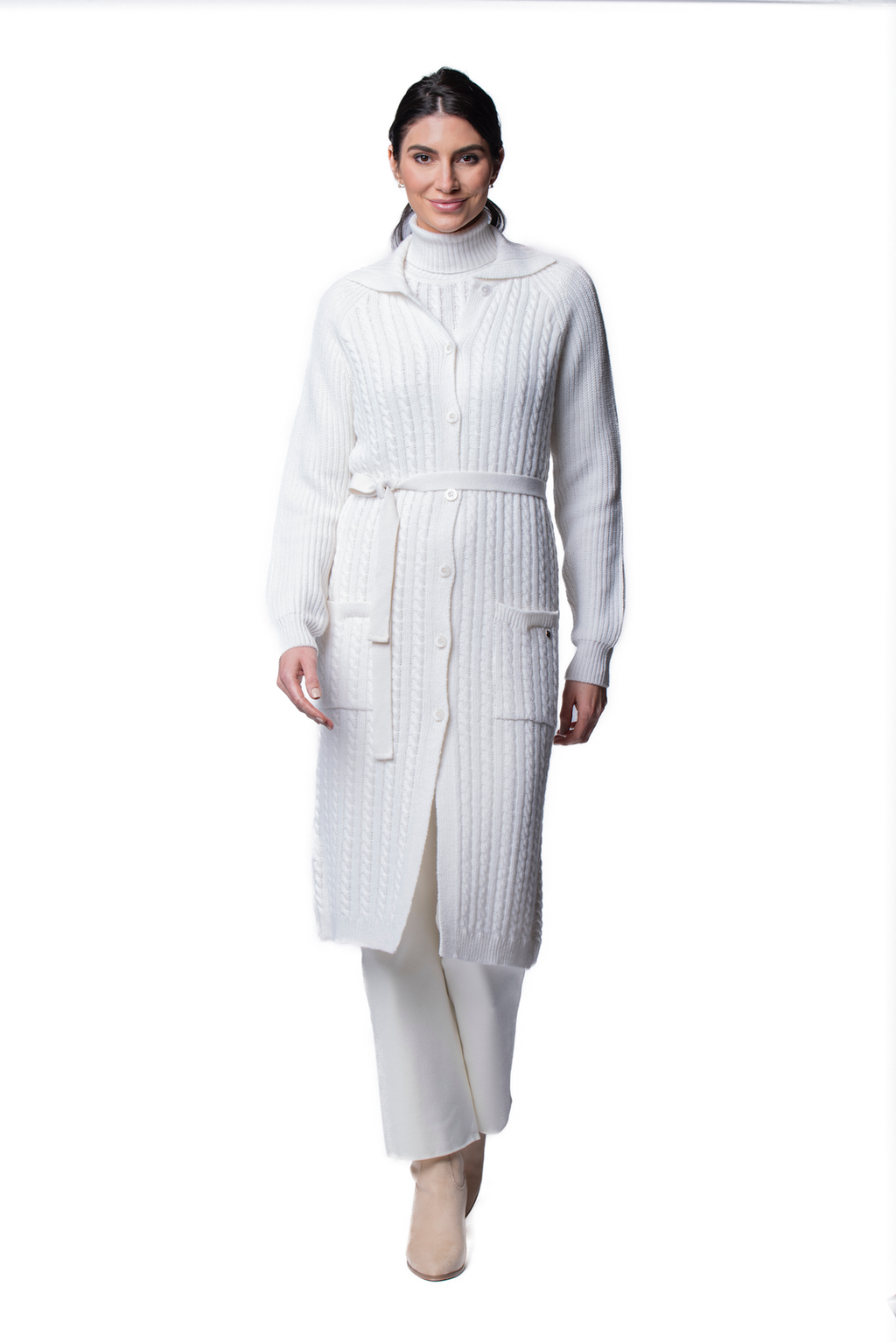 Layla Cable-Knit Belted Coat ; Snow White