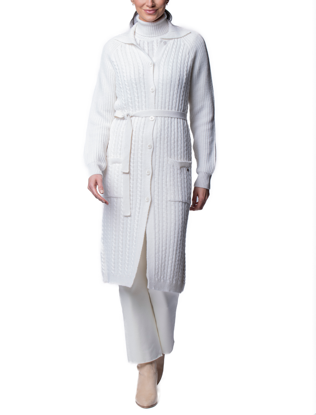 Layla Cable-Knit Belted Coat ; Snow White
