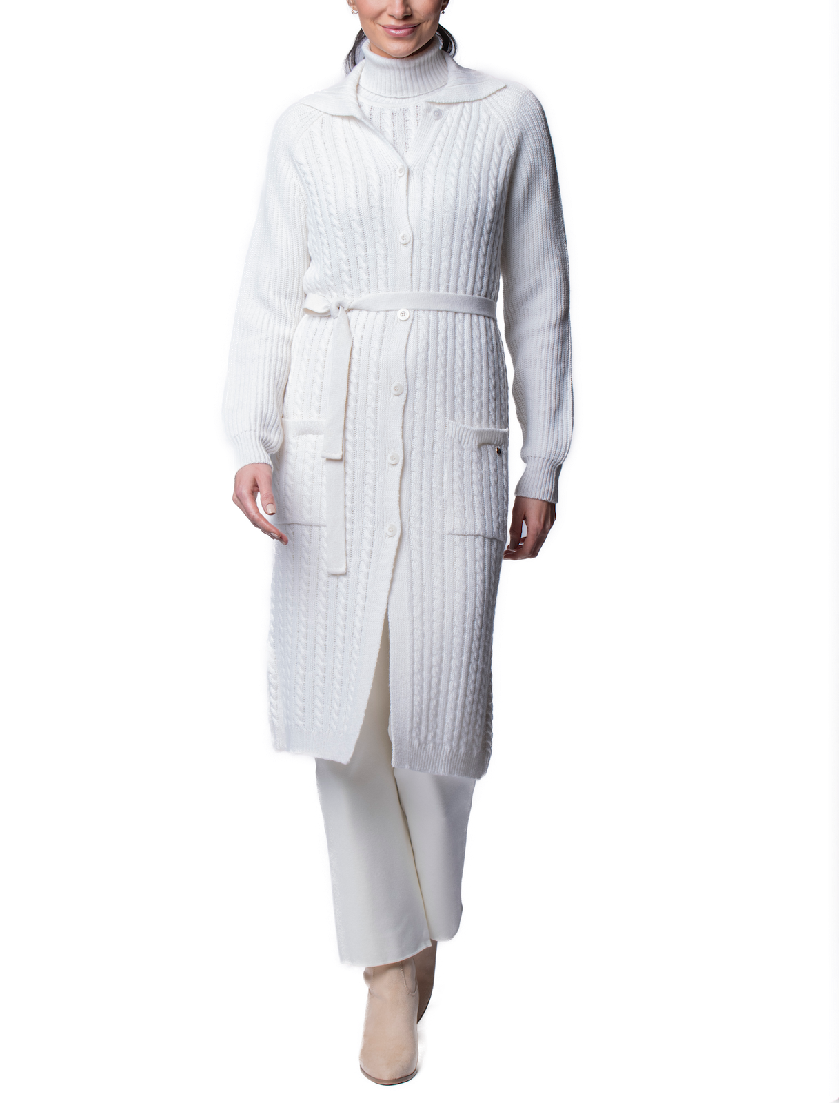 Layla Cable-Knit Belted Coat ; Snow White